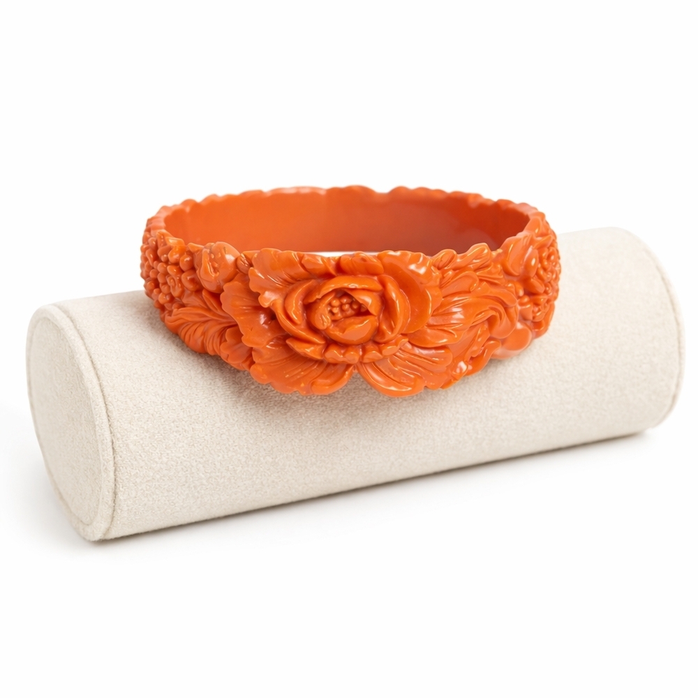 Carved Rose Orange Resin Bangle Bracelet Chunky Statement